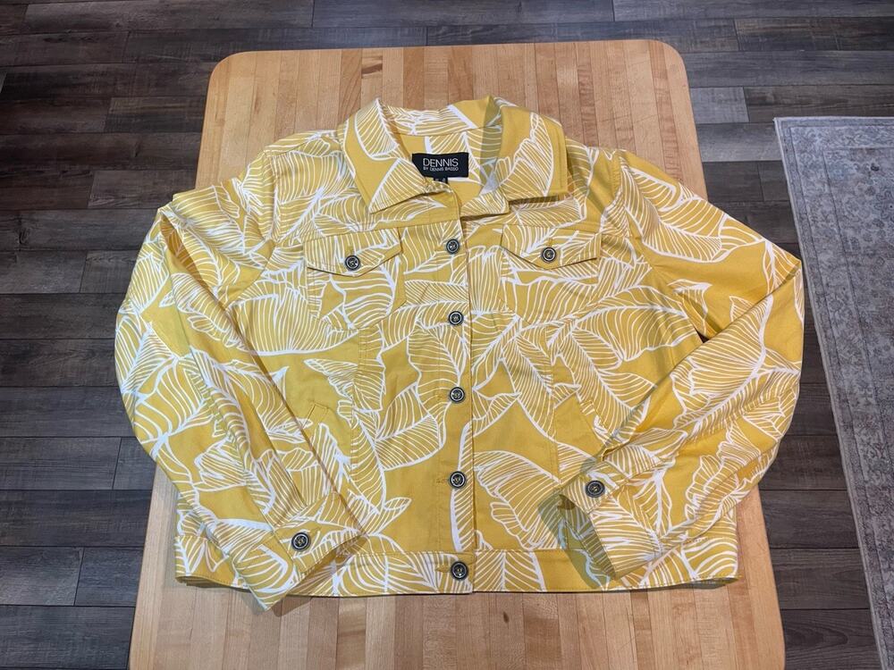 Dennis Basso Yellow White Tropical Pattern Button Up Cotton Linen Blnd Jacket 16